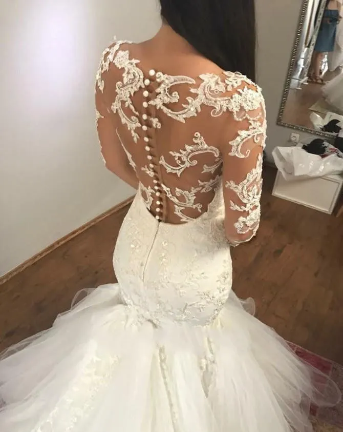 Long Sleeves V Nek Applique Mermaid Sexy Wedding Dresses 2018 Tulle Custom Made Covered Button Vintage Wedding Gowns