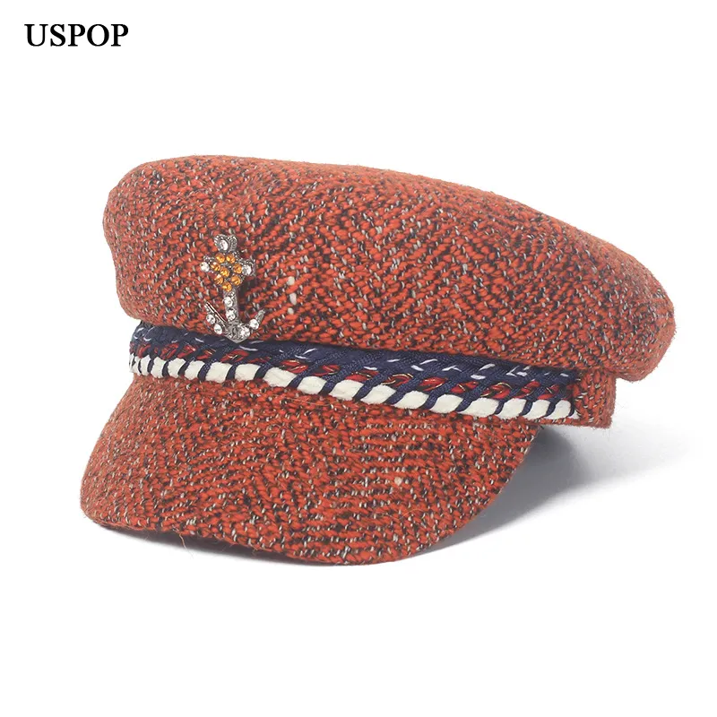 USPOP 2018 New Fashion women tweed newsboy caps winter warm hats diamond flower flat top visor caps casual female Octagonal cap