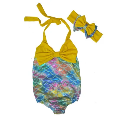 Children Mermaid Swimwear Bow Headband+Bow Swimwear Cartoon Mermaid Bikini Kids One-piece Swimsuit 4 Designs