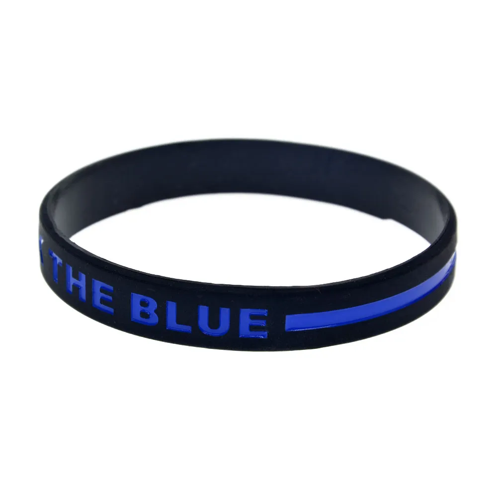 100 Stück Back The Blue Line Silikonkautschuk-Armband, dicke oder dünne Buchstaben, Logo, Erwachsenengröße, als Werbegeschenk240O