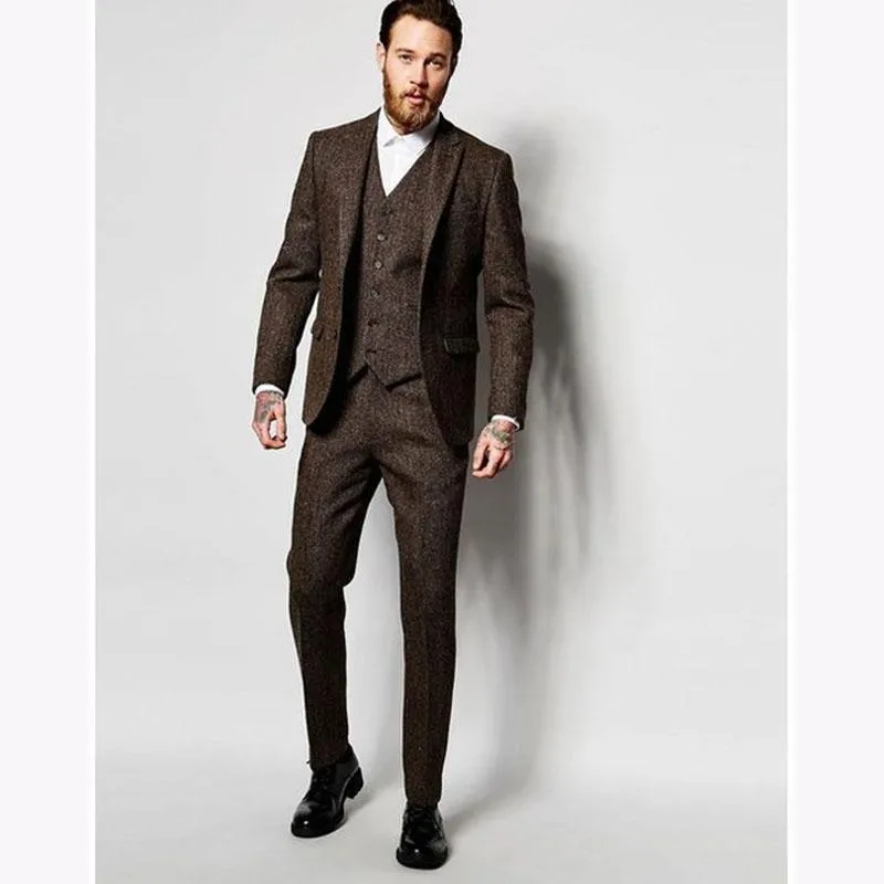 Wintermode tweed bruidegom smoking uitstekende man blazer notch revers twee knop mannen business diner prom pak (jas + broek + tie + vest) no: 181