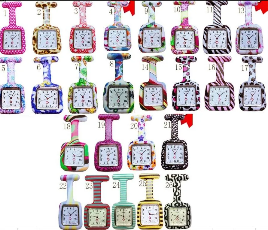 도매 200pcs / lot 26colors 광장 다채로운 인쇄 실리콘 간호사 시계 포켓 시계 의사 포브 쿼츠 시계 키즈 선물 시계 NW015