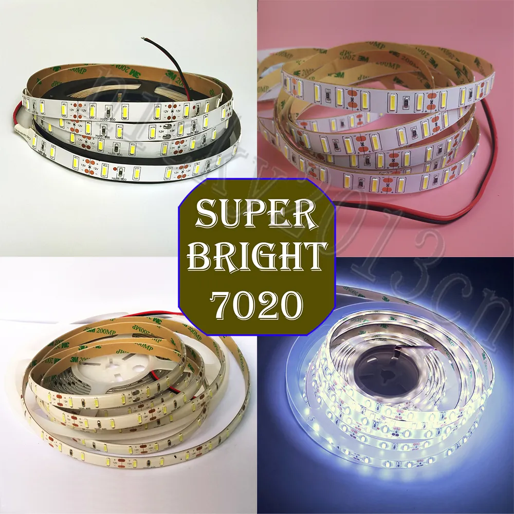 Super Bright 5M 12V 7020 LED Flexible Strip Light Tape 300leds 450leds Cool White introted Chip Non / IP65 방수 Doulbe 레이어 PCB