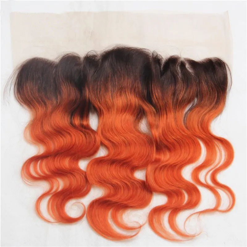# 1b / 350 två ton ombre mänskliga hår väv med frontal kroppsvåg mörk rötter apelsin ombre full spets 13x4 frontal stängning med 3bundles