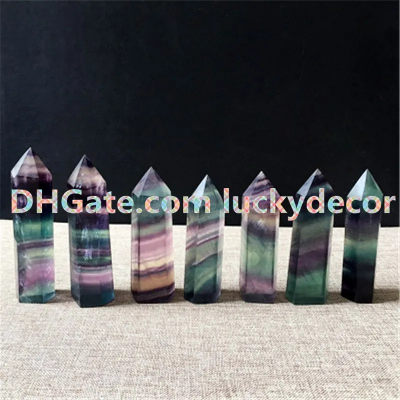 5 sztuk Rainbow Fluoryt Healing Crystal Siatka Stały Punkt Faseted Prism Wand Rzeźbione Fluoryt Kwarcowy Tower Point Obelisk Reiki Kamienna figurka