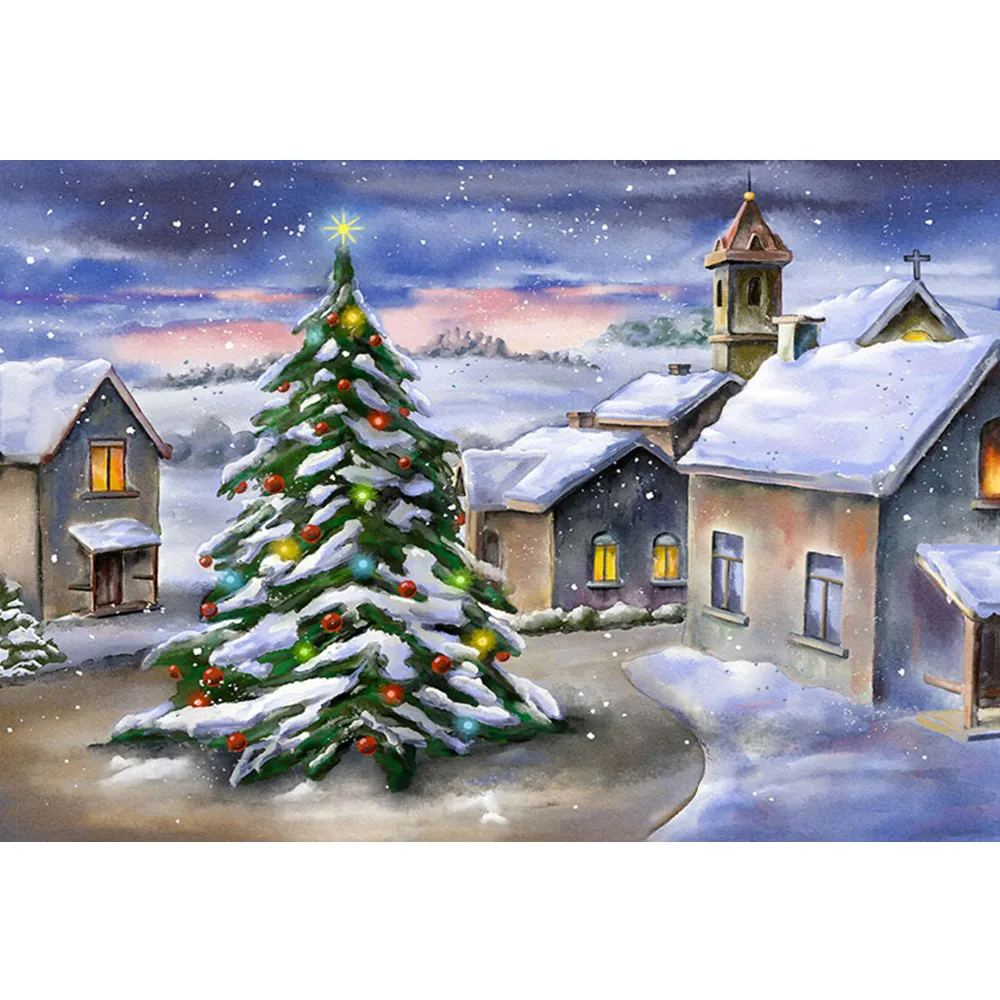 Oil Painting Winter Snow Scenic Photo Background Printed Village Houses Christmas Tree Snowflakes Baby Kids Photography Backdrop