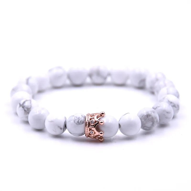 Crystal Crown Lave Rock White howlite Natural Stone strands Bracelet Beads Fashion Jewelry for Women Men will and sandy