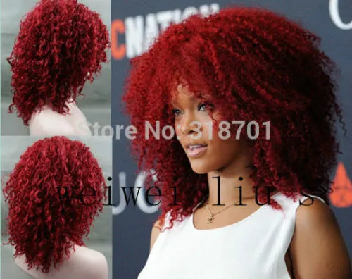 LY CS Ucuz Satış Dans Parti Cosplaysnew Moda Rihanna'nın Saç Kapaksız Sentetik Orta Kıvırcık Saç Peruk