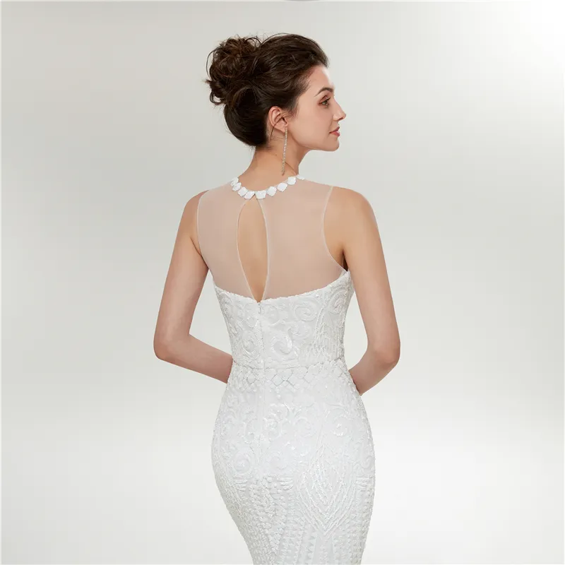Sexiga paljetter sjöjungfru aftonklänningar rena vita formella klänningar ärmlös juvel c0017 promklänningar applikationer bröllop gästklänningar5224521