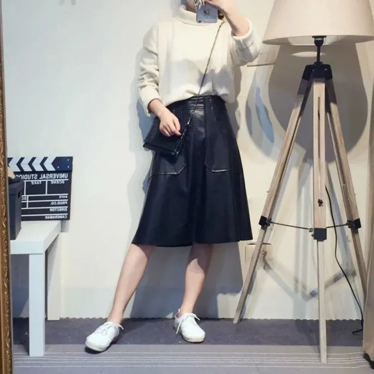 New design fashion women high waist pockets a-line knee length pu leather umbrella skirt plus size XSSMLXLXXL