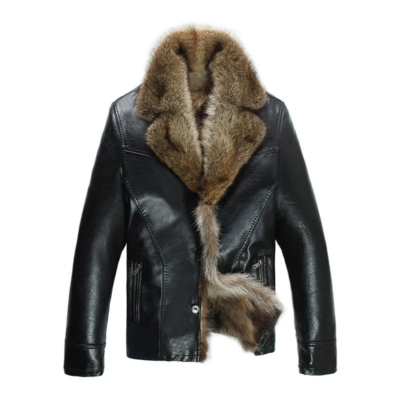 Mens Leather Jackets Winter Coats Real Raccoon Fur Coats Snow Overcoat ...