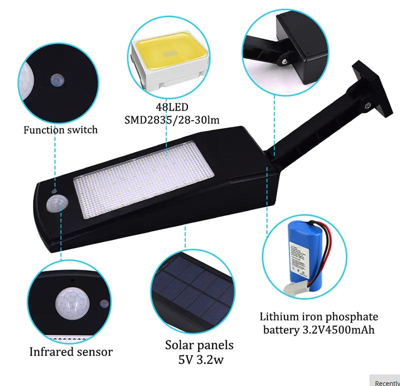 방수 LED 보안 태양 광 발전 48LED LIGHT PIR 모션 센서 라이트 벽 램프 경로 정원 야외 조명