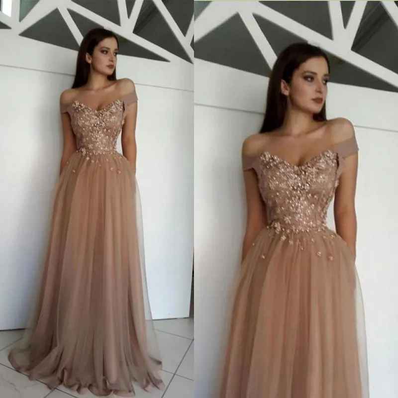 Vintage Evening Dresses Long Formal Prom Party Gowns Off the Shoulder Beaded Lace Appliques Soft Tulle Formal Dress Custom Made Top Quality