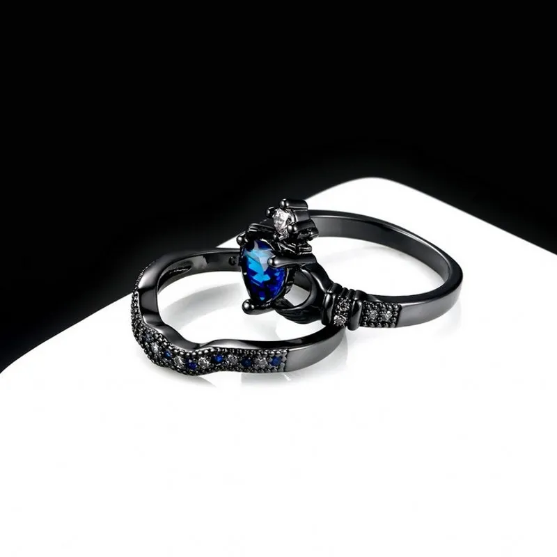 Vecalon Claddagh Mulheres Noivado Anel de Casamento Anel de Pedra Azul Zircão CZ 10KT Ouro Preto Cheio Birthstone Sets Anel