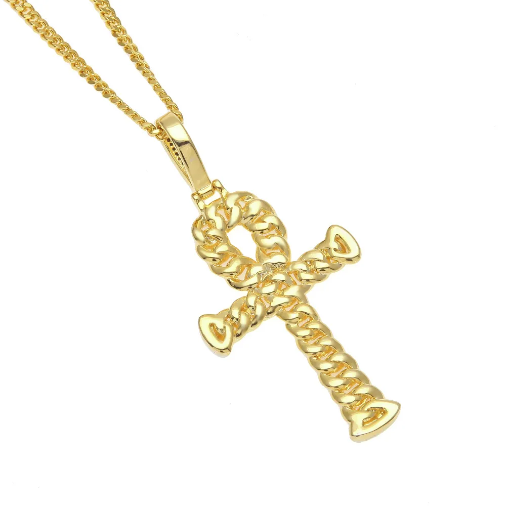 Collier HipHop pour femmes nouveau cuivre micro-réglage Zircon Ankh clé pendentif plein diamant chaîne cubaine croix en gros