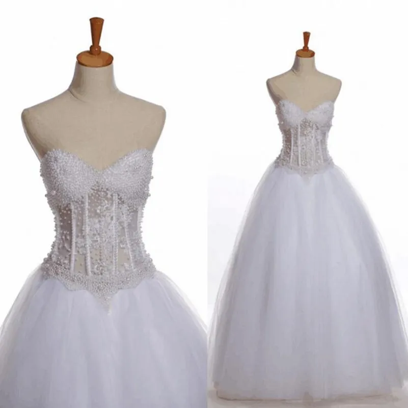 Querida pérolas frisado vestidos de casamento 2018 verão ver através de uma linha de vestidos de noiva lace up voltar a linha casamento vestidos custom made