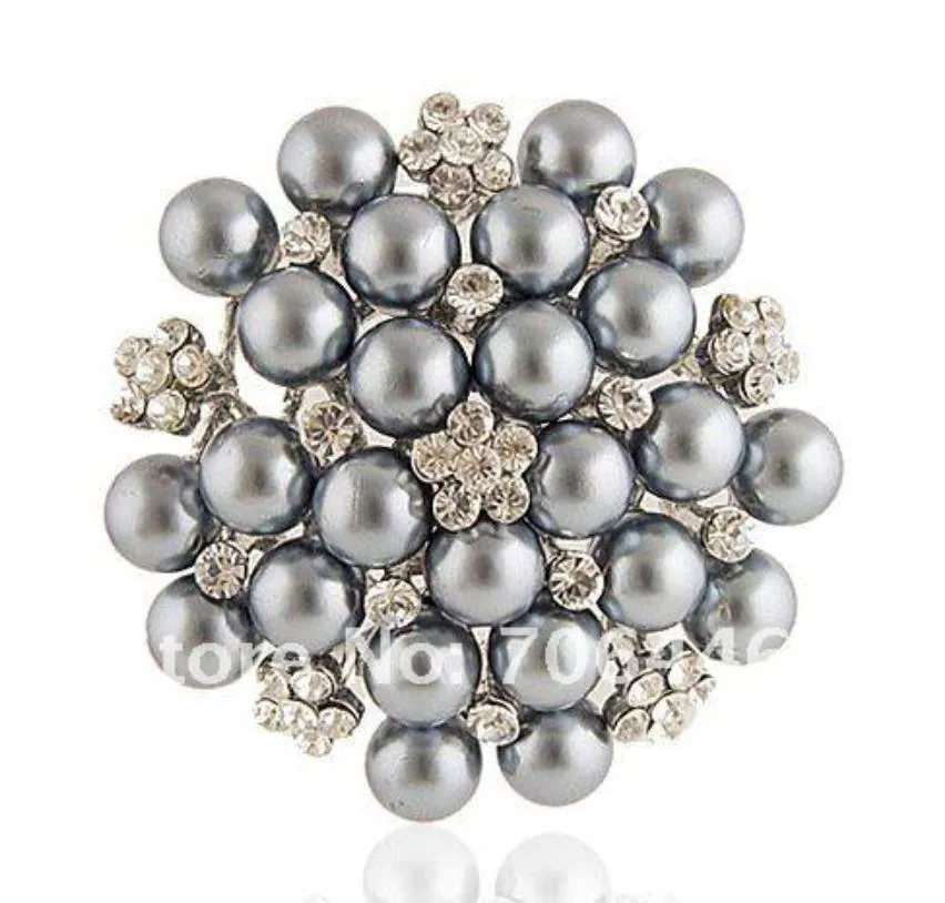 Grande broche de mariée en fausses perles et cristal strass, ton argent, gris argenté