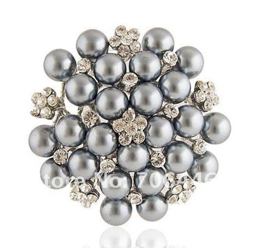 Silver Tone Silver Grey Faux Pearl and Rhinestone Crystal Large Bridal Brooch