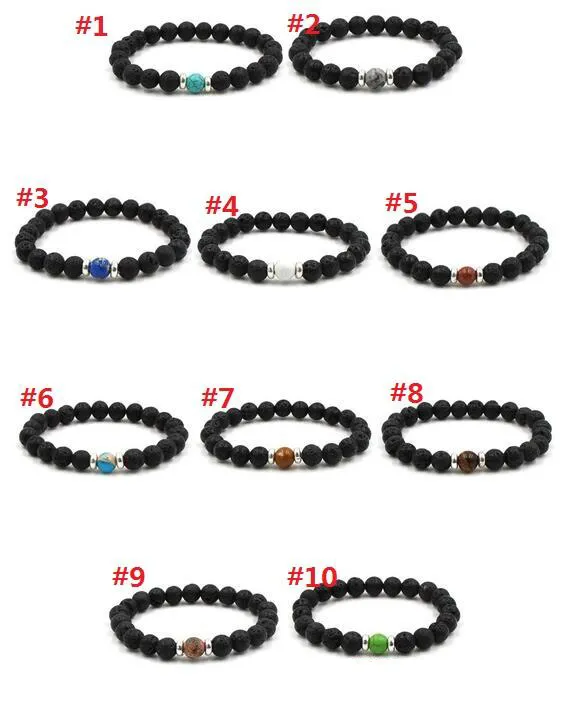 i Natural Black Lava Stone Beads Bracciale elastico Bracciale diffusore di olio essenziale Roccia vulcanica Stringhe a mano in rilievo