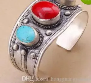 Unisex charm röd korall turkos sten pärla manschett armband tibet silver