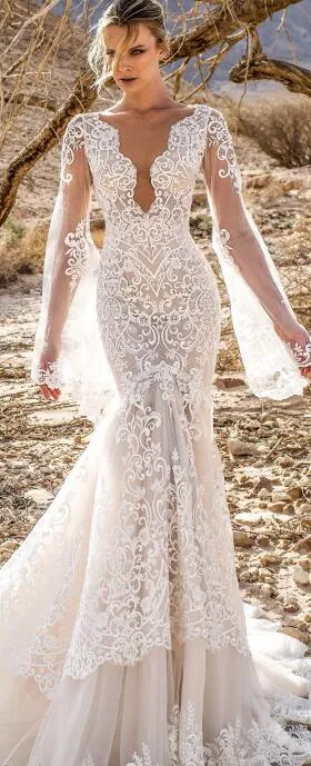 Lian Rokman Vestidos de casamento sereia 2019, decote em V, costas nuas, vestidos de casamento, apliques, robe de mariee, vestido de noiva com trem de varredura, 272q