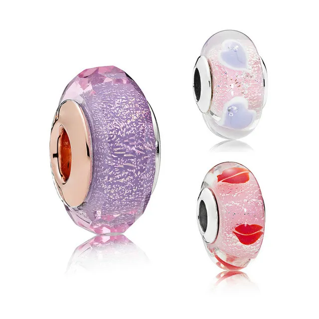 NOVO 100% 925 Sterling Silver Nova marca de 1: 1 Glamour roxo estrelado Forma de vidro Rose Gold Bead Coração e grânulos de vidro Lip