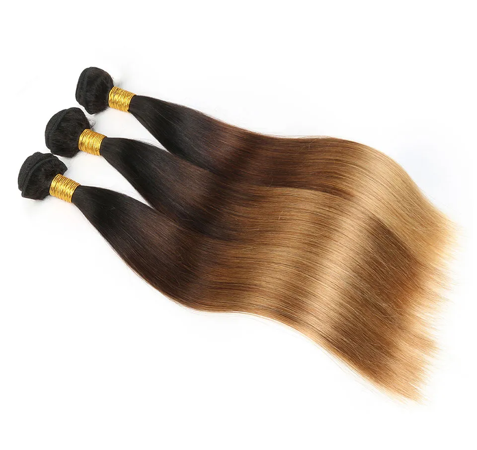 Three Tone #1B/4/27 Honey Blonde Ombre Virgin Peruvian Human Hair Bundles with 13x4 Lace Frontal Closure Silky Straight Human Hair Weaves