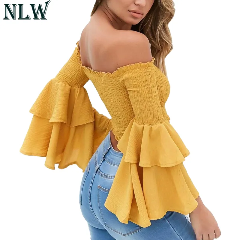 Shirts NLW Cold Shoulder Flare Sleeve Summer Sexy Blouse Shirt 2018 Backless Slash Neck Beach Party Red Yellow White Black Crop Top