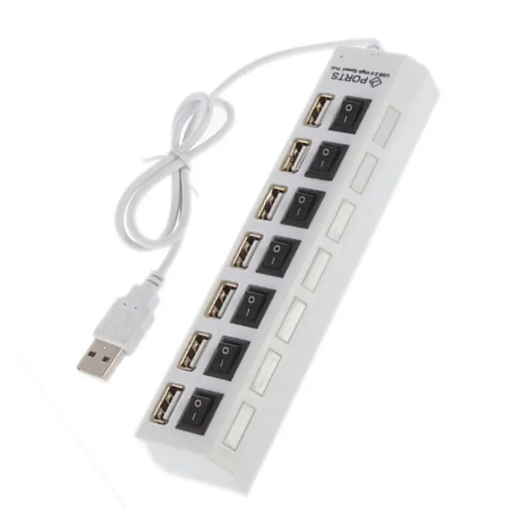 USB 2.0 HUB Power Strip 7 Ports Socket LED Light UP Concentrator with Switch AC Adapter for Mouse keyboard Charger PC Desktop Laptop Tablet