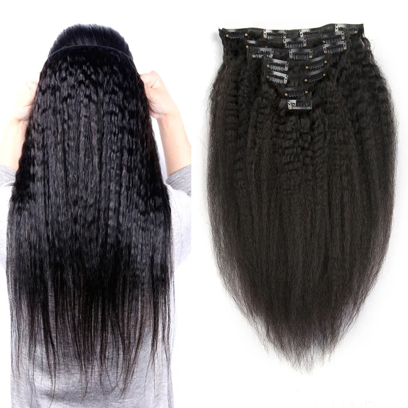 120g Extensiones de cabello brasileño recto rizado Clip Ins Natiral Remy negro 7pcs / set Clip de Yaki grueso en extensiones de cabello humano
