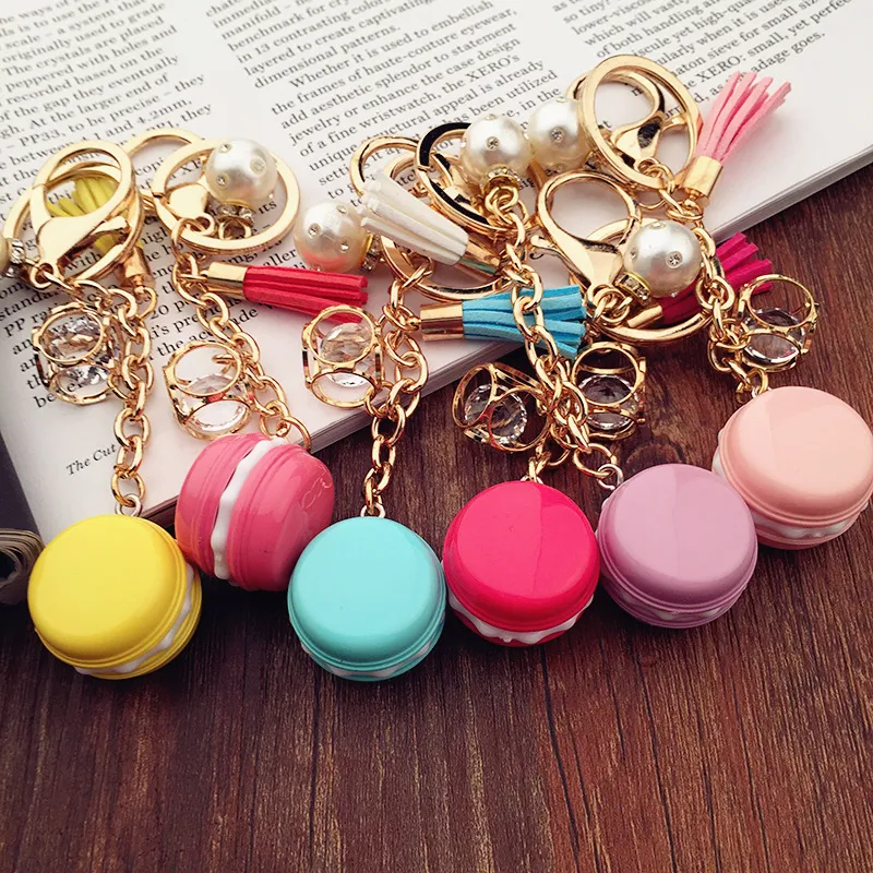 Lovely Macaron Keychains Bag Pearl Charm Keychain Chaveiro llaveros Gold Metal Keyring Car Key Holder