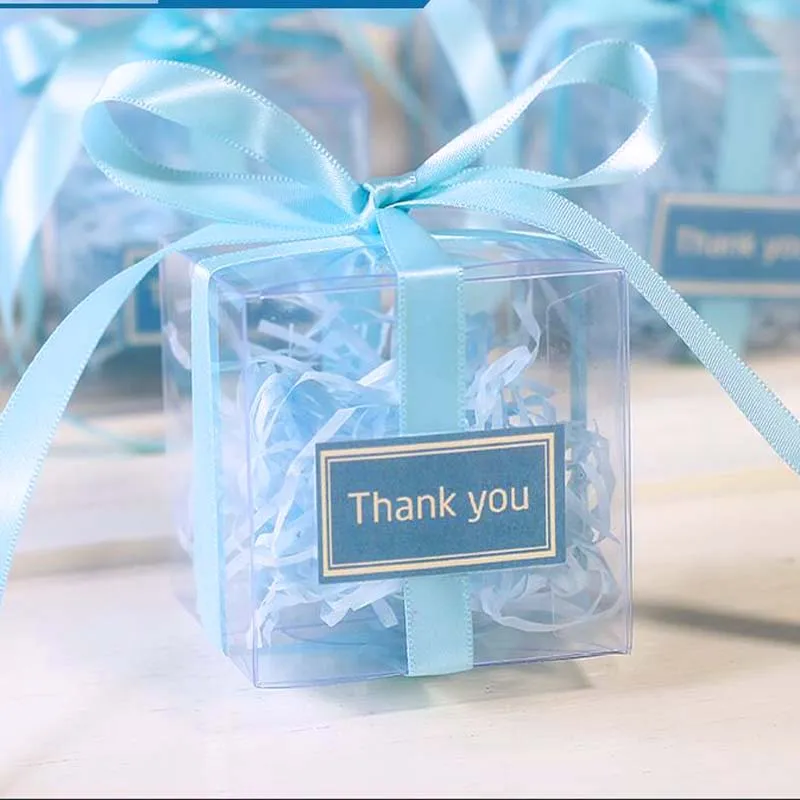 100 stycken/Lot Clear Square PVC Birthday Gift Box Wedding Favor Holder Transparent Chocolate Candy Boxes 5x5x5cm