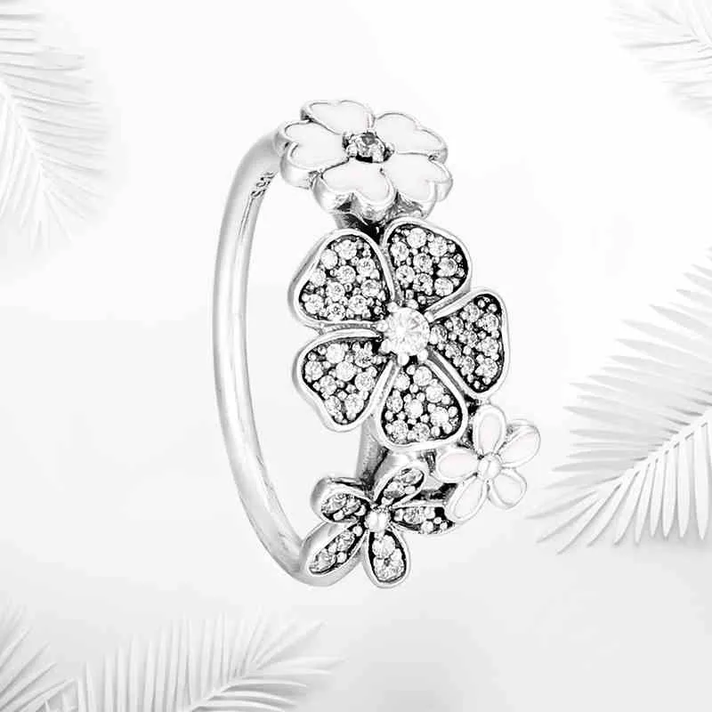 Auténtica Plata de Ley 925 anillos de flores de esmalte blanco caja Original para Pandora joyería de plata para mujeres anillo de bodas de cristal Natural