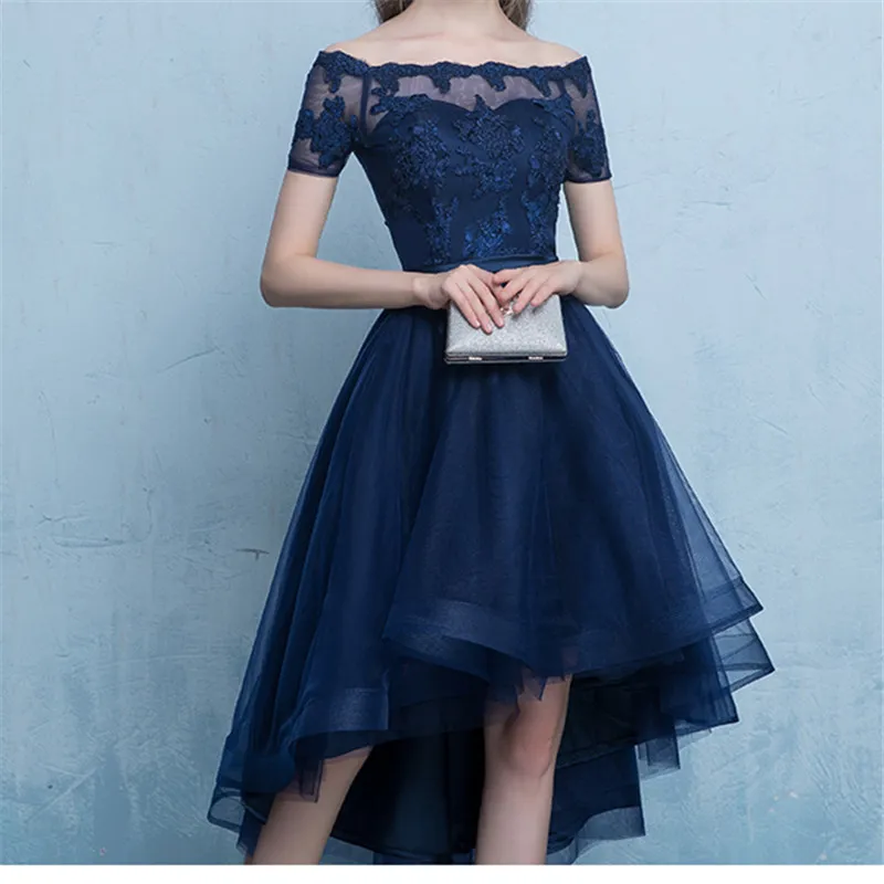 Marineblaues Cocktailkleid aus High-Lo-Tüll mit Applikationen, kurzen Ärmeln, Hellgrau, Schwarz, Burgunderrot, Partykleider, günstig, für besondere Anlässe, dre262s