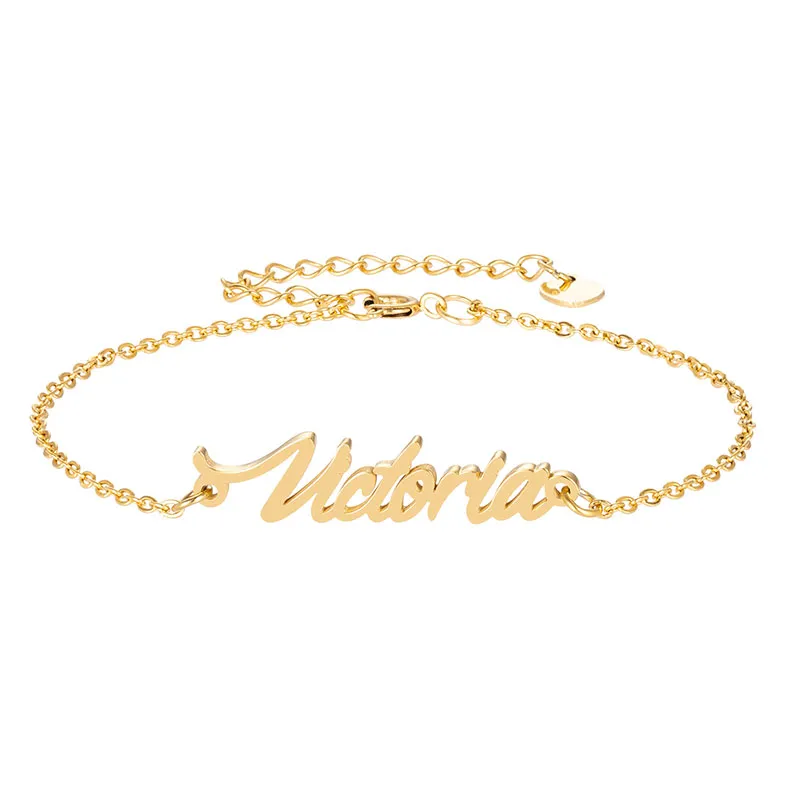 Couleur or acier inoxydable graver Script nom "Victoria" bracelets à breloques pour femme personnalisé Bracelet personnalisé lien de charme cadeau de noël