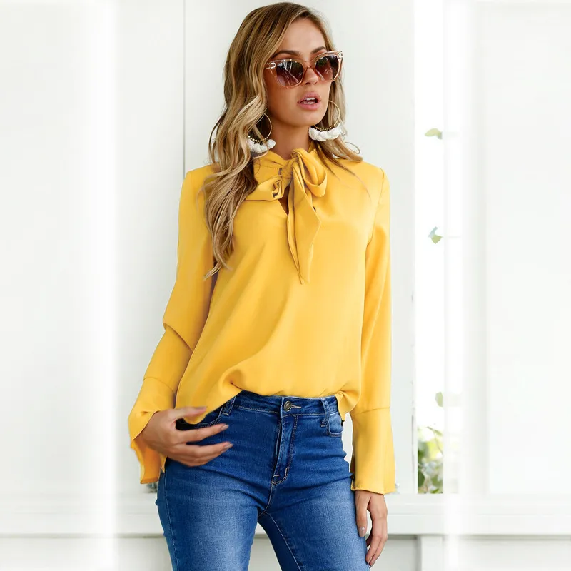 HOT 2018 Chemisier en mousseline de soie Casual Shirt Jaune Rose Noir Bureau Femmes couleur arc manches longues Blouse Tops