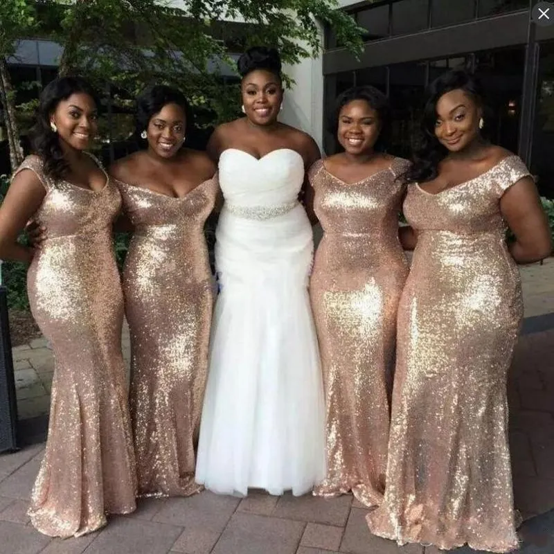 Gold Sequined Prom Dresses Plus Size African Long Bridesmaid Dresses For Wedding Custom Made Maid Of Honor Gowns Cheap