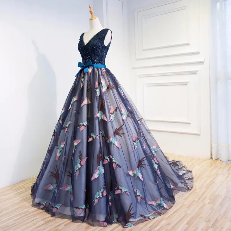 Dhgate Luxury Women Appliques Prom Dresses Birds Navy Blue Ball Gowns Vestido de Noiva High End Women Formal Afton Dress