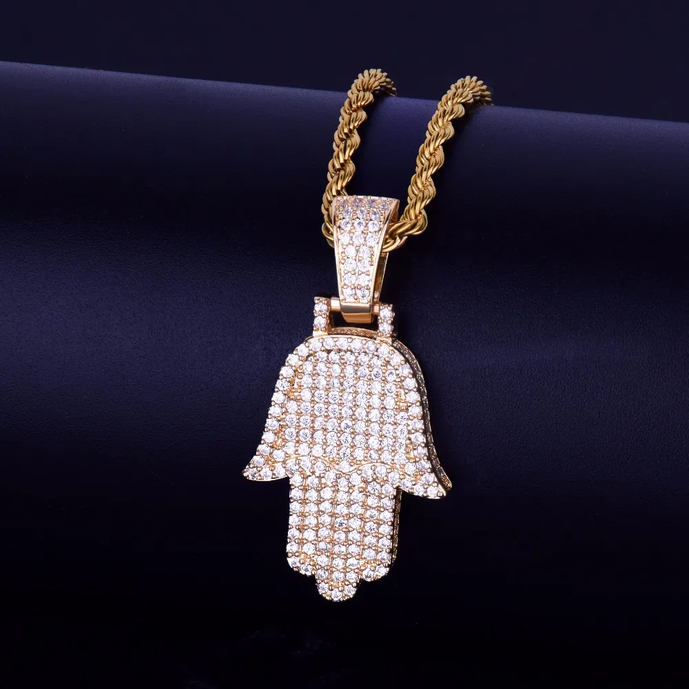 Promotie verkoop Europese stijl mannen / vrouwen hiphop sieraden zirkoon fatima hand kettingen hanger charme goud zilver kleur kubieke geschenken