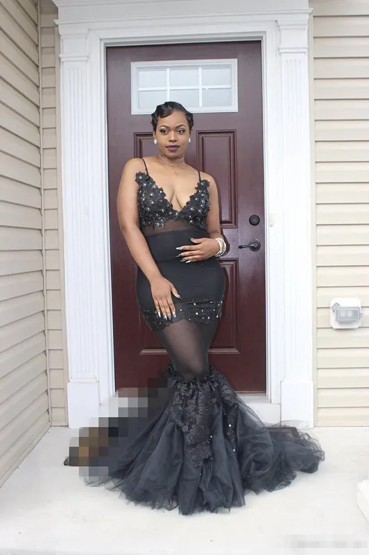 Plus Size Black Tulle Mermaid Dress Plus Size Mermaid American Prom Dresses  With Deep V-Neck, Straps, Beads, And See-Through Appliques For Elegant  Evening Party Wear