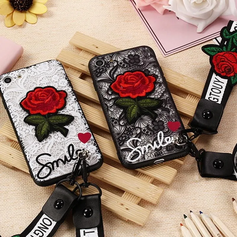 Blumen-Spitze-Vollkantenschutz Handytasche mit Lanyard Transparent Red Rose-Stickerei-Kasten für iPhone X xs xr 8 7 6 6S Plus-Fall Funda