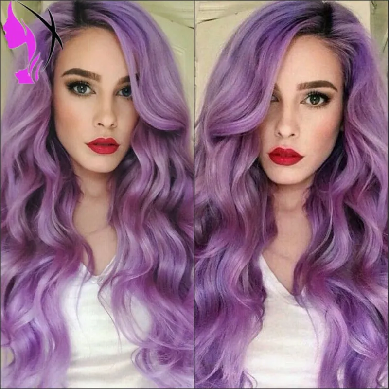 Raizes escuras Moda longo ondulado roxo peruca 180% sintético Densidade peruca dianteira do laço Ombre perucas para as Mulheres Cabelo Calor fibra resistente