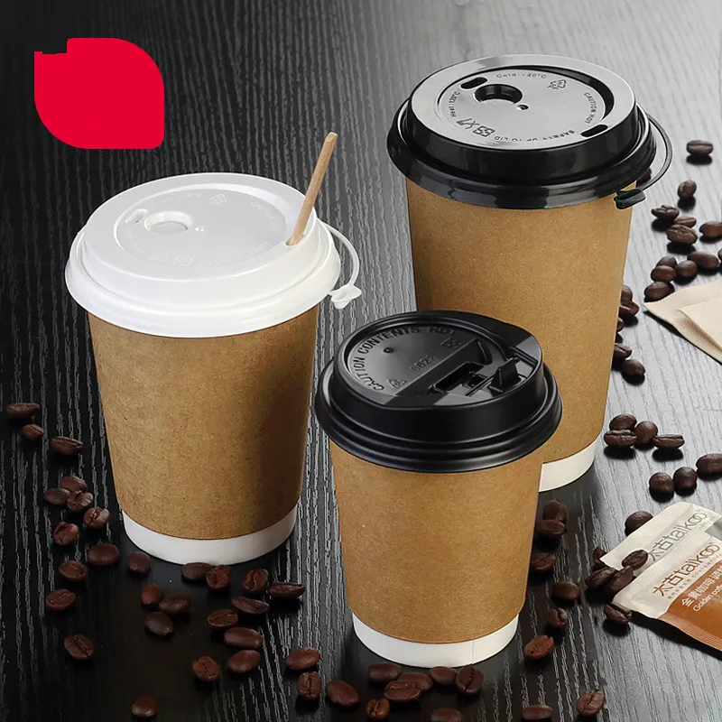 Copos descartáveis ​​copos de papel leite café canecas 12oz 8 oz copos Takeout embalado xícara de chá Recipiente de bebida quente One-off copo com tampas