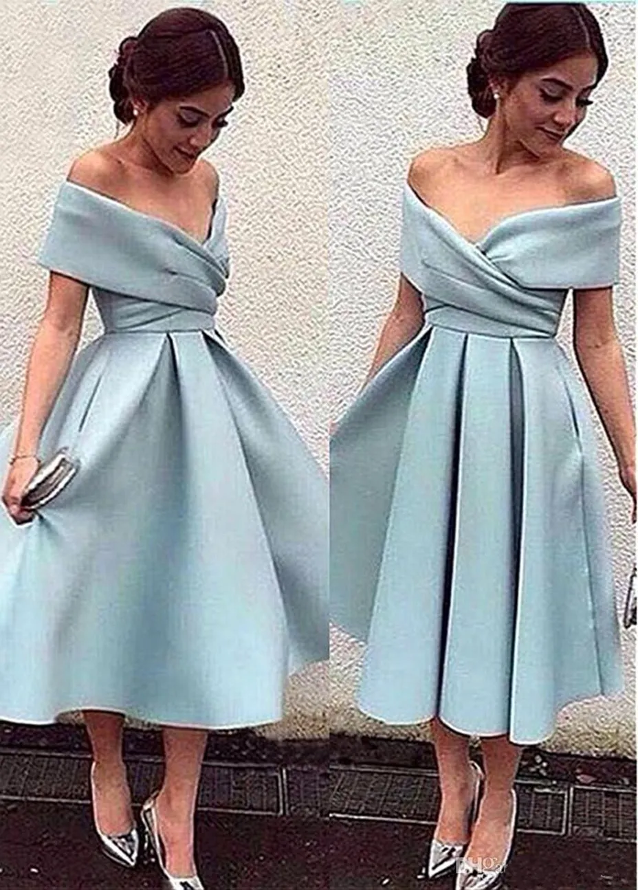 2019 Nouvelle arrivée robe de cocktail bleu clair sur l'épaule longueur de thé robes de bal courtes de haute qualité robes de soirée robe formelle