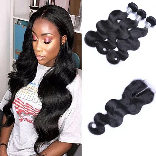 Brazilian Body Wave Virgin Hair Weaves med 4x4 spetsstängning Obearbetad Remy Human Hair Weaves Dubbelväft Natursvart Färg 4st/lot