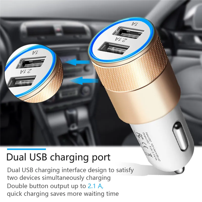 168 Hot Aluminum Alloy 2 USB Ports Universal Intelligent Charging Strong Compatible DC12-24V 2.1A Dual USB Car Charger for All Mobile Phone