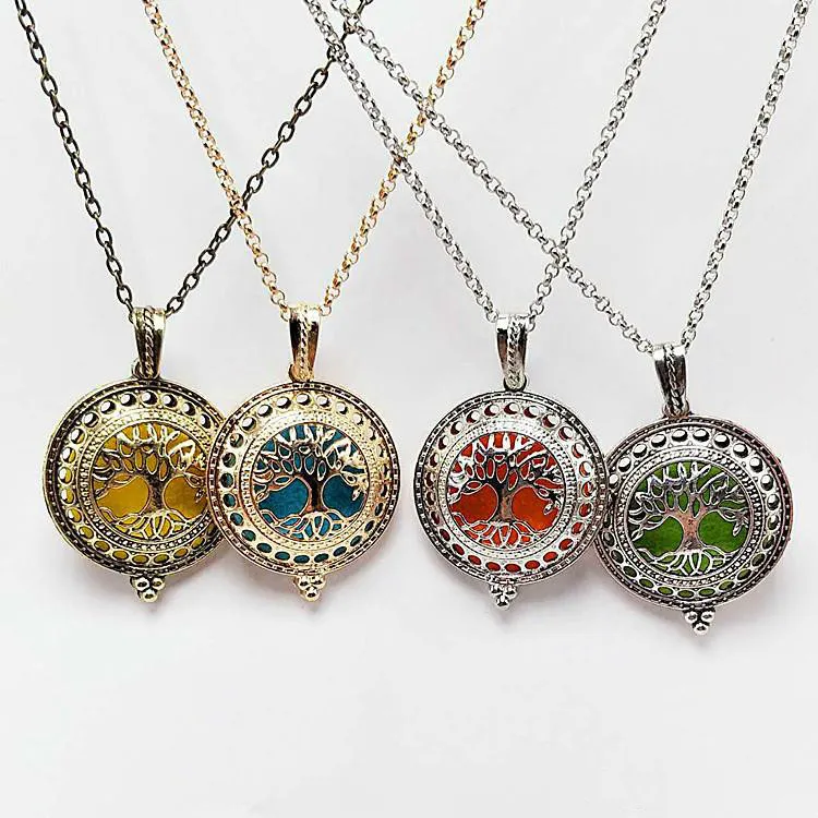 Wholesale Tree Of Life Aromatherapy Essential Oil Diffuser Necklace Locket Pendant 316L Stainless Steel Druzy Jewelry With 24" Chain