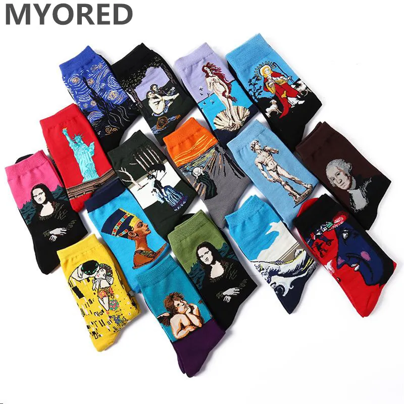 Myored 5 쌍 / 많은 남자 재미있는 양말 코튼 화려한 고흐 레트로 유화 남자의 다채로운 비즈니스 승무원 양말 행복 선물 양말