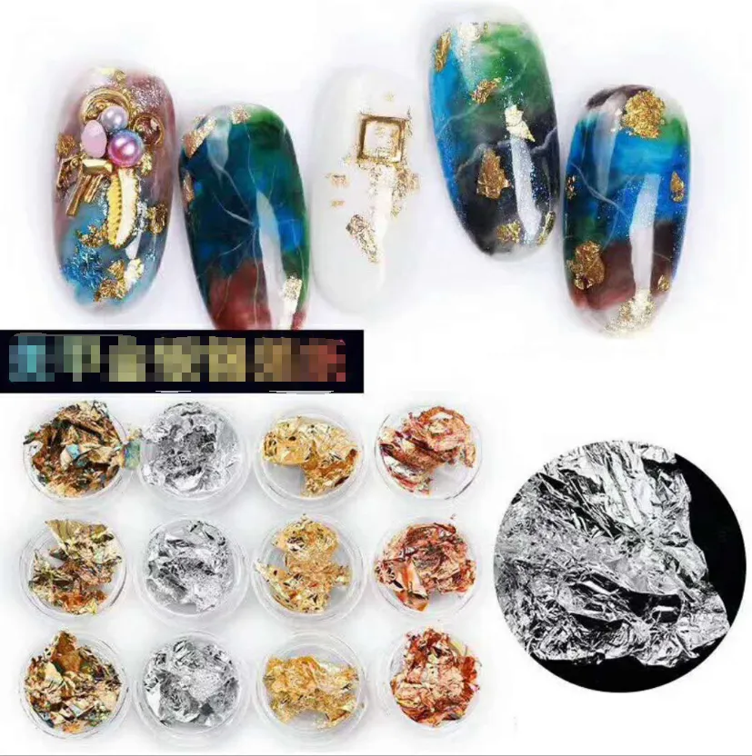 12 Caixas / lote Ouro Prata Cobre Nail Art Polonês Glitter Foil Paillette Chip de Adesivos Decalques Dicas de Design Decoração Manicure Conjunto de Ferramentas