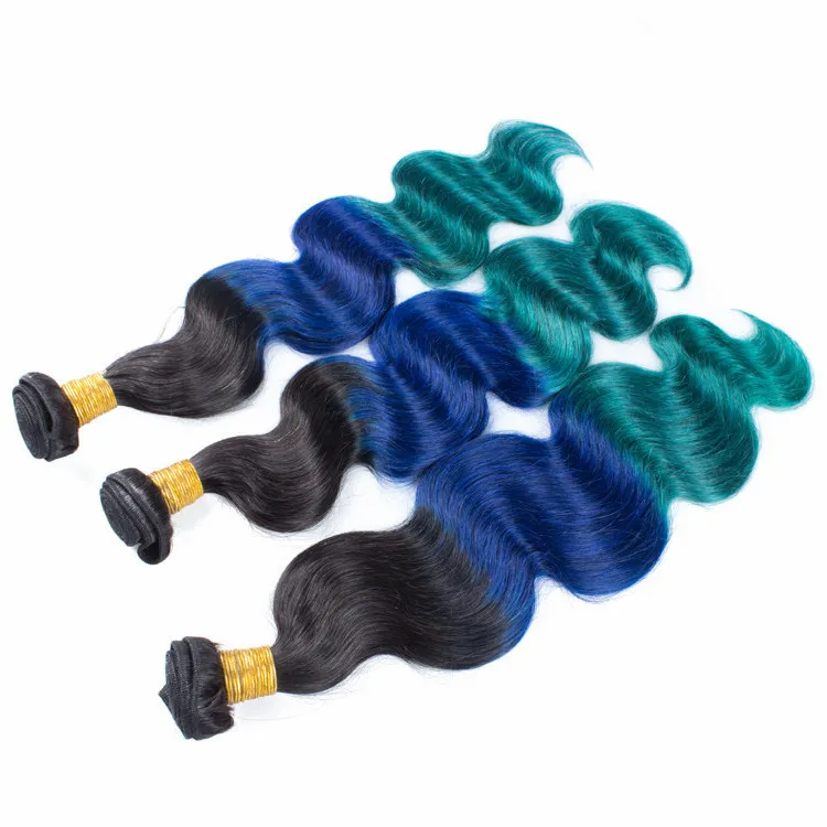 # 1B / Blau / Grün Ombre Jungfrau-brasilianisches Menschenhaar Bundles mit 13x4 Full Lace Frontal Schließung drei Ton gefärbtes menschliches Haar spinnt